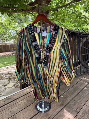 Rhinestone Beaded V-Neck Colorful Sheer Tunic Top